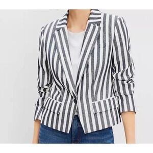 LOFT Striped Blazer 10 Preppy Navy White Coastal Career Workwear Cotton Jacket